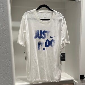 Nike NWT Men's White Tee with Blue 'Just Do It' Graphic
